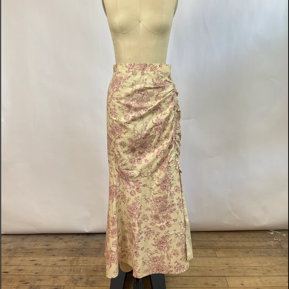 Cult Of Design Cotton Cream Pink Floral FrontSlit Cottage Core Midi Skirt NWT L